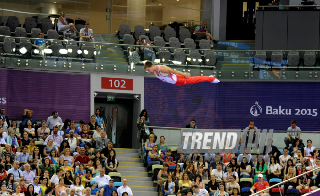 Bakı-2015 Avropa Oyunları çərçivəsində batut gimnastikası üzrə kişilər və qadınlar arasında təsnifat yarışları. Azərbaycan, 17 iyun 2015 